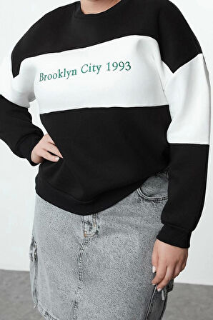 Kadın Büyük Beden Oversize Bisiklet Yaka Düşük Kol Kalın İçi Polarlı Nakış Detaylı Örme Sweatshirt