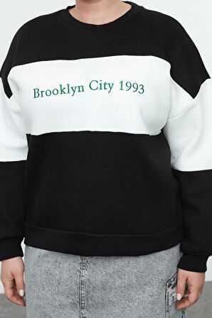 Kadın Büyük Beden Oversize Bisiklet Yaka Düşük Kol Kalın İçi Polarlı Nakış Detaylı Örme Sweatshirt