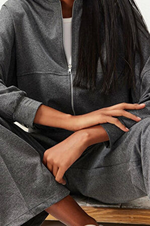 Kadın Moda Şık Boru Paça Uzun Boy Nervürlü Fermuarlı Dik Yaka Örme Sweatshirt Pantolon Alt-Üst Takım