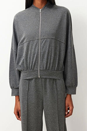 Kadın Moda Şık Boru Paça Uzun Boy Nervürlü Fermuarlı Dik Yaka Örme Sweatshirt Pantolon Alt-Üst Takım