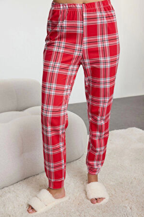 Kadın Moda Bisiklet Yaka Boru Paça Uzun Kol %100 Pamuklu Yılbaşı Temalı Ekoseli Örme Pijama Takımı