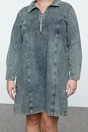 Kadın Moda Şık Büyük Beden Mini Boy Gömlek Yaka Denim Rigid Büyük Beden Elbise