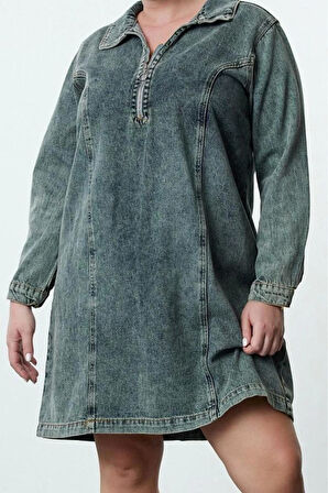 Kadın Moda Şık Büyük Beden Mini Boy Gömlek Yaka Denim Rigid Büyük Beden Elbise