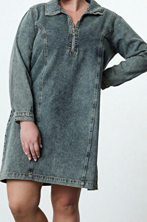 Kadın Moda Şık Büyük Beden Mini Boy Gömlek Yaka Denim Rigid Büyük Beden Elbise