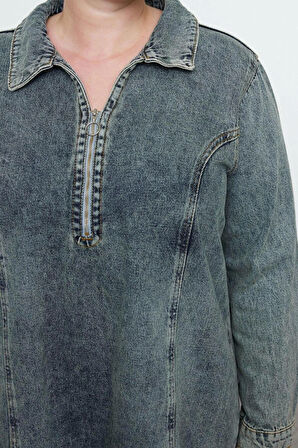 Kadın Moda Şık Büyük Beden Mini Boy Gömlek Yaka Denim Rigid Büyük Beden Elbise