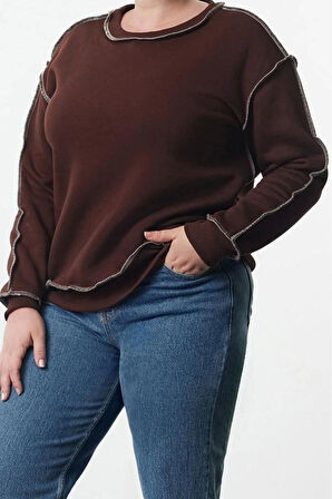 Kadın Büyük Beden Moda Şık Regular Bisiklet Yaka Düşük Kol Regular Düşük Kol Örme Sweatshirt