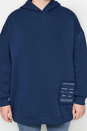 Kadın Büyük Beden Relaxed Kapüşonlu Düşük Kol Regular Slogan Detaylı İçi Polar Kalın Örme Sweatshirt