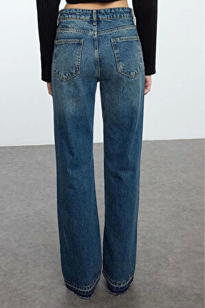 Kadın Moda Şık Kot Pantolon Geniş Paça Uzun Boy Denim Yırtıklı Normal Bel Jeans