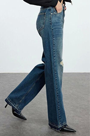 Kadın Moda Şık Kot Pantolon Geniş Paça Uzun Boy Denim Yırtıklı Normal Bel Jeans