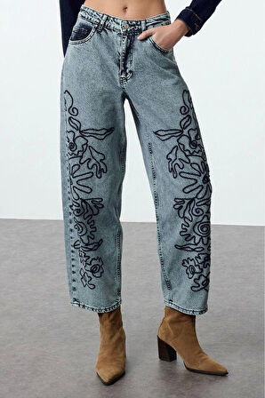 Kadın Moda Şık Kot Pantolon Geniş Paça Uzun Boy Denim Antrasit Nakışlı Yüksek Bel Balon Jeans