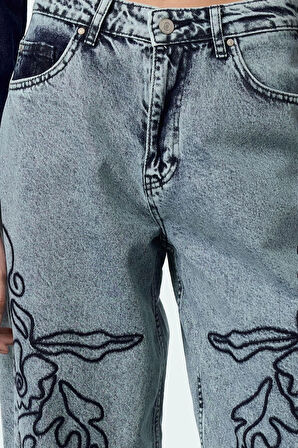 Kadın Moda Şık Kot Pantolon Geniş Paça Uzun Boy Denim Antrasit Nakışlı Yüksek Bel Balon Jeans