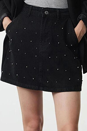 Kadın Moda Stil Mini Astarsız Denim Taşlı Mini Denim Etek
