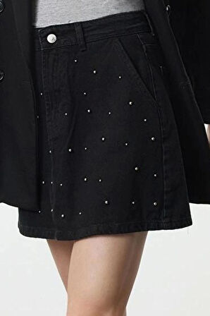 Kadın Moda Stil Mini Astarsız Denim Taşlı Mini Denim Etek