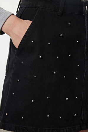 Kadın Moda Stil Mini Astarsız Denim Taşlı Mini Denim Etek
