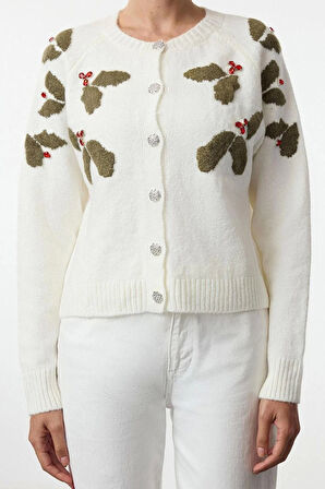 Kadın Moda Şık Regular Bisiklet Yaka Regular Yumuşak Dokulu Düğme Detaylı Taş İşlemeli Triko Hırka