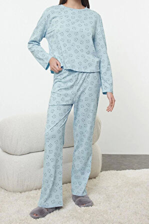 Kadın Moda Şık Bisiklet Yaka Geniş Paça Uzun Kol %100 Pamuklu Ayıcık Desenli Örme Pijama Takımı