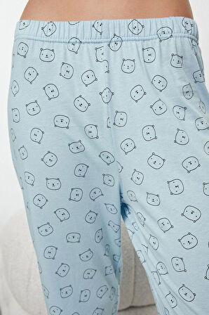 Kadın Moda Şık Bisiklet Yaka Geniş Paça Uzun Kol %100 Pamuklu Ayıcık Desenli Örme Pijama Takımı