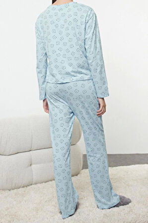 Kadın Moda Şık Bisiklet Yaka Geniş Paça Uzun Kol %100 Pamuklu Ayıcık Desenli Örme Pijama Takımı