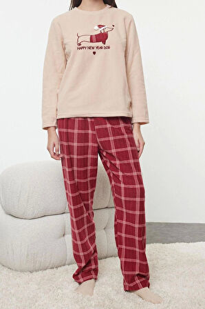 Kadın Moda Bisiklet Yaka Boru Paça Uzun Kol Ekoseli Yılbaşı Temalı Polar Kışlık Örme Pijama Takımı
