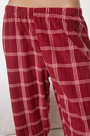 Kadın Moda Bisiklet Yaka Boru Paça Uzun Kol Ekoseli Yılbaşı Temalı Polar Kışlık Örme Pijama Takımı