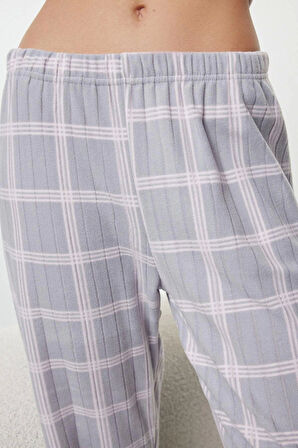 Kadın Moda Bisiklet Yaka Boru Paça Uzun Kol Ekoseli ve Kalp Nakışlı Polar Kışlık Örme Pijama Takımı