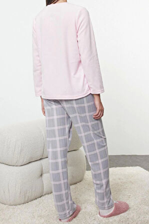 Kadın Moda Bisiklet Yaka Boru Paça Uzun Kol Ekoseli ve Kalp Nakışlı Polar Kışlık Örme Pijama Takımı