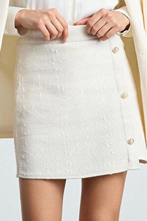 Kadın Moda Stil Mini Astarsız Dokuma Düğmeli Tüvit Kumaş Mini Dokuma Etek