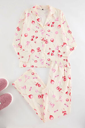 Kadın Moda Şık Gömlek Yaka Geniş Paça Uzun Kol %100 Pamuklu Kalpli Örme Pijama Takımı