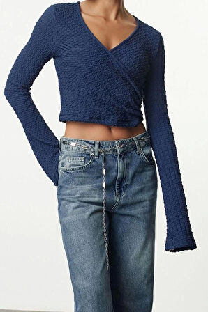 Kadın Moda Şık Üst Giyim Crop Kruvaze Yaka İspanyol Kol Regular Kalıp Örme Bluz