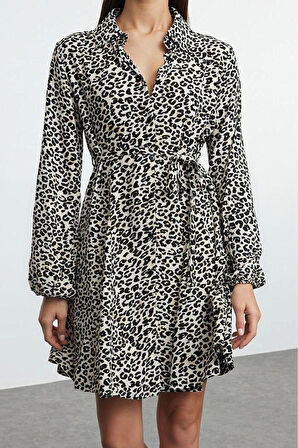 Kadın Moda Şık Mini Boy Gömlek Yaka Regular Kuşaklı Animal Dokuma Elbise