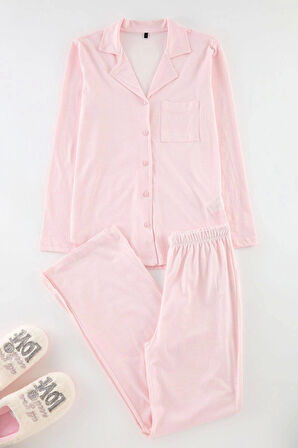 Kadın Moda Şık Gömlek Yaka Boru Paça Uzun Kol %100 Pamuklu Pötikareli Örme Pijama Takımı
