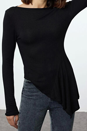 Kadın Moda Şık Regular Dik Yaka Slim Kalıp Örme Viskon Yumuşak Kumaşlı Asimetrik Esnek Bluz