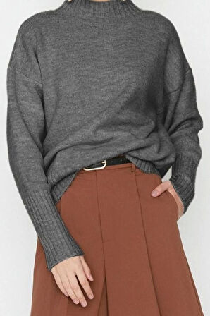 Kadın Moda Şık Dik Yaka Reglan Kol Regular Geniş Kalıp Yumuşak Dokulu Basic Triko Kazak