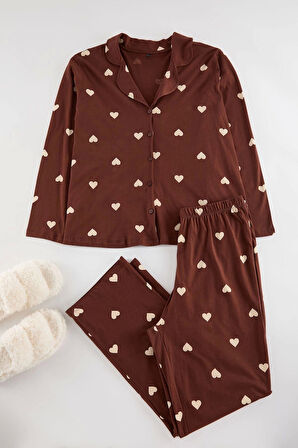 Kadın Moda Şık Büyük Beden Gömlek Yaka Geniş Paça Uzun Kol Vişne Kalpli Örme Pijama Takımı