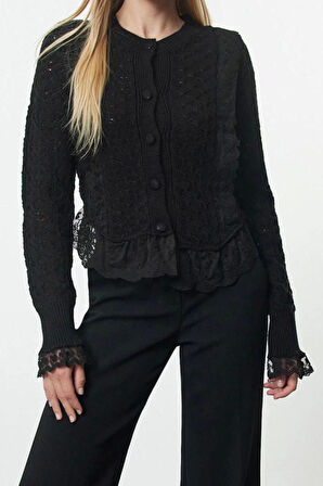 Kadın Moda Şık Crop Bisiklet Yaka Regular Crop Dantelli Ajurlu Delikli Triko Hırka