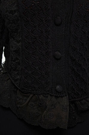 Kadın Moda Şık Crop Bisiklet Yaka Regular Crop Dantelli Ajurlu Delikli Triko Hırka