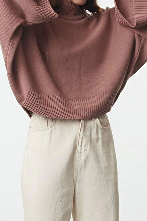 Kadın Moda Şık Dik Yaka Düşük Kol Regular Geniş Kalıp Yarasa Kol Triko Kazak