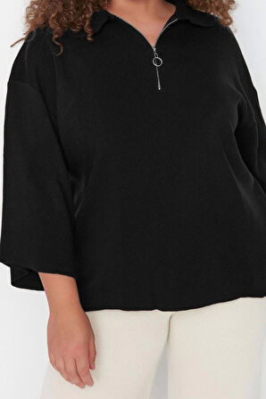 Kadın Büyük Beden Moda Şık Regular Polo Yaka Uzun Kol Düz Polo Yaka Fermuar Detaylı Triko Kazak