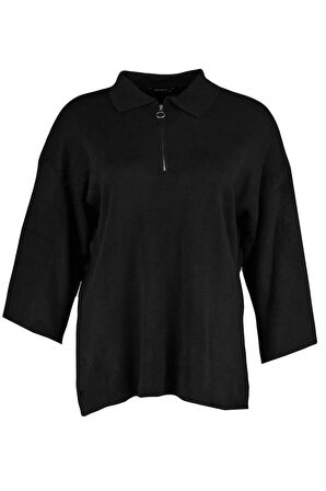 Kadın Büyük Beden Moda Şık Regular Polo Yaka Uzun Kol Düz Polo Yaka Fermuar Detaylı Triko Kazak