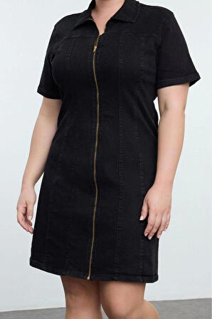 Kadın Moda Şık Büyük Beden Mini Boy Gömlek Yaka Fitted Comfort Denim Büyük Beden Elbise