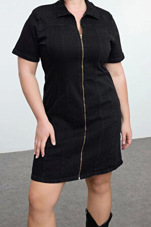 Kadın Moda Şık Büyük Beden Mini Boy Gömlek Yaka Fitted Comfort Denim Büyük Beden Elbise