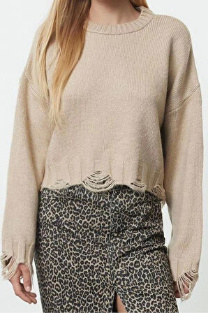 Kadın Moda Şık Bisiklet Yaka Düşük Kol Crop Süper Geniş Kalıp Yumuşak Dokulu Triko Kazak