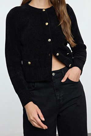 Kadın Moda Şık Crop Bisiklet Yaka Regular Premium İplik Cep Detaylı Triko Hırka