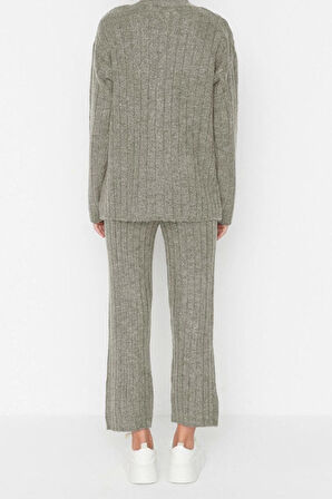 Kadın Moda Şık Geniş Paça Regular Boy Uzun Kollu Geniş Kalıp Yumuşak Dokulu Triko Alt-Üst Takım