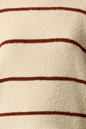 Kadın Moda Şık Bisiklet Yaka Standart Kol Regular Buklet Çizgili Triko Kazak