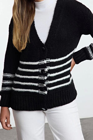 Kadın Moda Şık Regular V Yaka Regular Yumuşak Dokulu Çizgili Triko Hırka