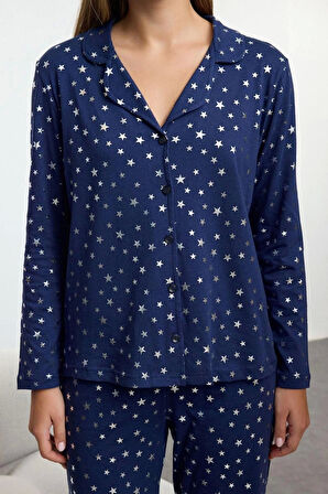 Kadın Moda Şık Gömlek Yaka Geniş Paça Uzun Kol %100 Pamuklu Varak Yıldız Desenli Örme Pijama Takımı