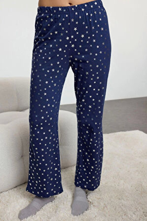 Kadın Moda Şık Gömlek Yaka Geniş Paça Uzun Kol %100 Pamuklu Varak Yıldız Desenli Örme Pijama Takımı