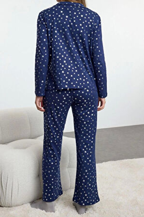 Kadın Moda Şık Gömlek Yaka Geniş Paça Uzun Kol %100 Pamuklu Varak Yıldız Desenli Örme Pijama Takımı
