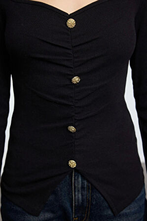 Kadın Moda Şık Üst Giyim Regular Kalp Yaka Slim Kalıp Örme Bluz